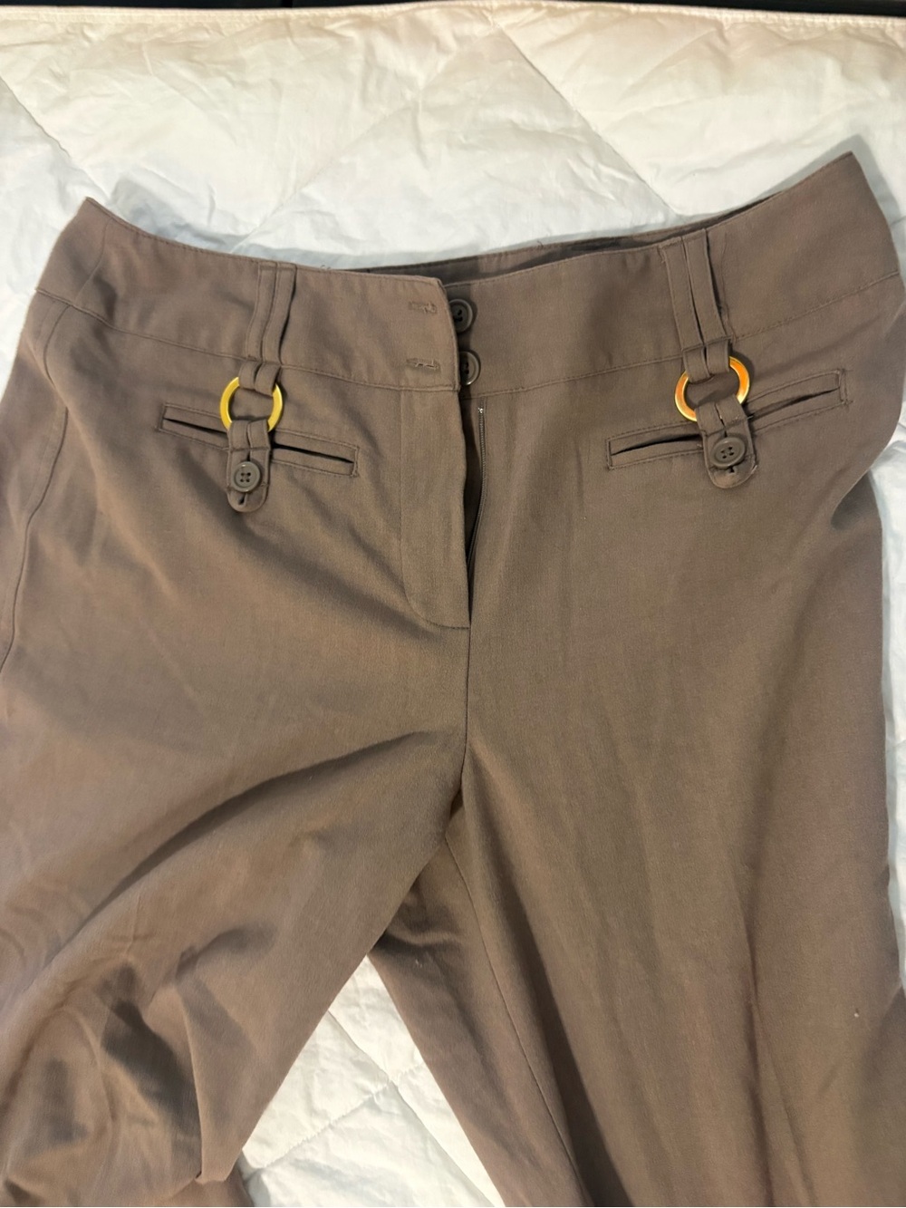 new directions Brown Women's Dress Pants with Yellow Ring Accents